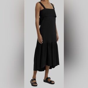 THEORY🖤Women's Fold Over Top Linen Blend Tie Back Midi Dress Square Neck (M)